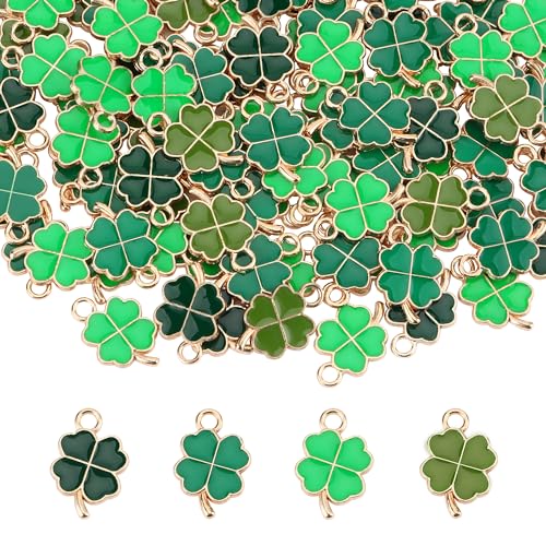 YiliYa 64 Stück Kleeblatt Anhänger Metall, Grün Vierblättrige Charms Halsketten Zubehör DIY Basteln Schmuck Ornamente Glück Schlüsselanhänger