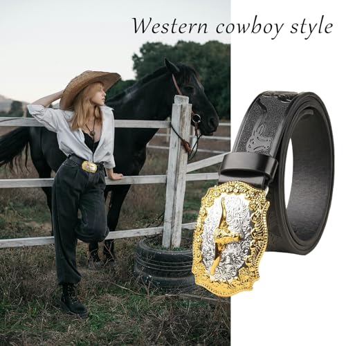 Western Cowboy Belt for Men Women Cowgirl Country Belt Longhorn Bull Buckle Embossed Leather Belt for Jeans Pants4