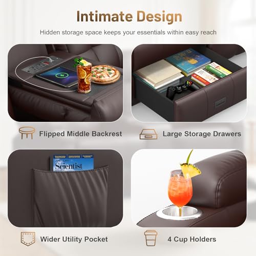 Image of Loveseat Recliner Sofa, Home Theater Seating with Massage, 3 Seat Reclining Loveseats with Flip Backrest, Wall Hugger RV Couch Theater Chairs, RV Furniture Sofas with USB, Cup Holders for Gaming Room