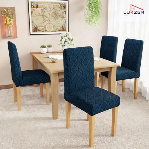 Image of Lukzer Elastic Dining Chair Cover - 4PC Pastel Marine Blue Diamond | Textured High Stretch Jacquard Seat Cover | Removable Washable Short Dining Chair Cover Protector Seat Slipcover | (CC-159-04)