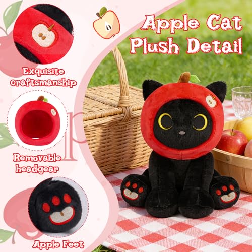 Image of Black Cat Plush - 8inch Cute Stuffed Cat with Red Apple Hood, Creative Fruit Plush Back to School Gifts for Teacher, Kids, Soft Kitten Plushies for Boys Girls, Birthday Gifts