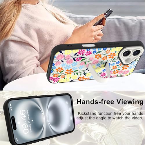 Image of for iPhone 16 Case with Finger Strap Holder, Cute Colorful Floral Flower Print Pattern Design for Women Girls, Shockproof Anti Scratch Hand Kickstand Protective Cover, White