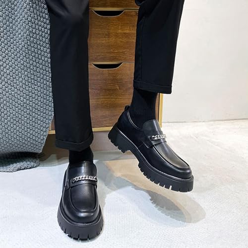Men's Leather Chain Round Toe Chunky Heel Platform Loafers,Fashion Comfortable Slip On Lug Sole Business Dress Shoes3
