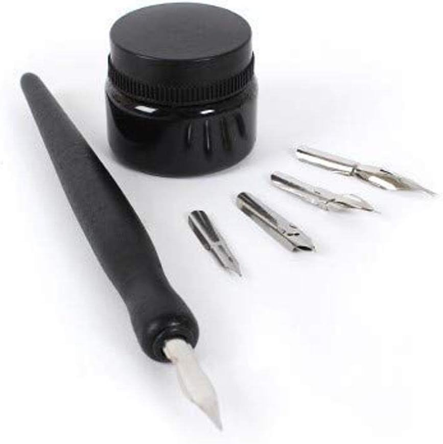 Chrome Manga Calligraphy Dip Pen Set with Universal Nib Holder and 5 Nibs
