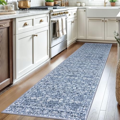 2.6x8 Blue Washable Runner Rug for Kitchen, Soft Classic Runner with Non-Slip, Non-Shedding Distressed Floral Rug for Hallways Entryway Bedroom Bathroom Laundry Indoor