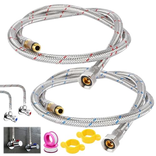 2 Piezas 80cm Mangueras de Conexión para Grifo 20mm X 9.5mm, Latiguillos de Grifería Agua Fría y Caliente con Cinta de Sellado, Mangueras Trenzadas de Acero Inoxidable, Adecuado para Cocinas y Baños