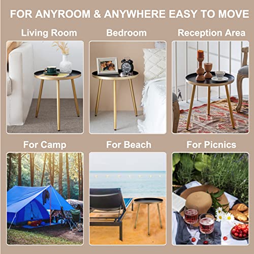 Aojezor Round End/Side Tables For Living Room, Bedrooms Narrow Night Stands Cute Pedestal Plant Stand For Balcony, Black Tray With 3 Legged Gold Coffee/ Accent Table #TOP2