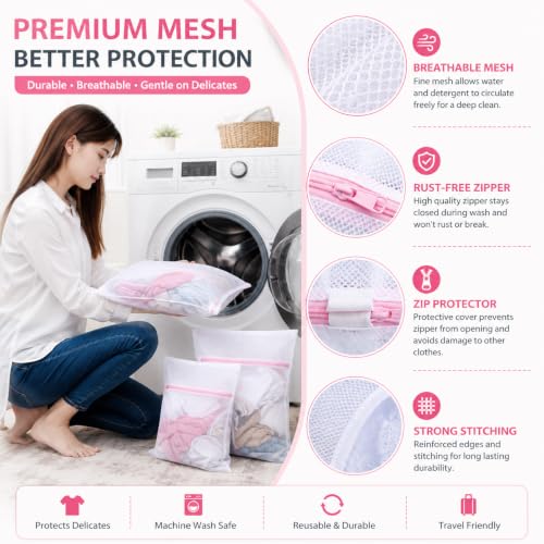 Image of Zollyss Mesh Laundry Bag for Washing Machine, Pack of 3 Wash Bags with Zipper, Reusable Laundry Net Bag for Delicates, Bra, Lingerie, Socks & Baby Clothes, White