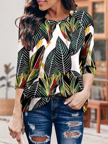 KISSMODA Tunic Tops for Women Loose Fit Dressy Round Neck Pleated 3/4 Length Sleeve Spring Tops