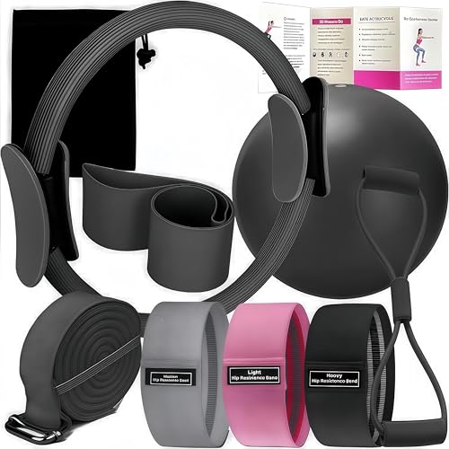 Pilates Set – Home Pilates Equipment for Women Kit with Magic Circle Pilates Ring and Ball Set, Resistance Bands & Massage Balls & Exercise Bands for Toning，Flexibility & Core Strength (Black)