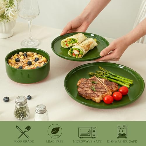 Image of 10.25-Inch Dinner Plates, Set of 4, Forest Glaze Green | Dual Glaze Stoneware Plates, Microwave Safe, Dishwasher Safe, For Everyday Dining
