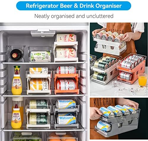 Qinglee Can Holder Fridge, Rolling Fridge Can Dispenser, 2 Tier Fridge Organiser, with Space for 8 Cans Standard Size, Can Storage for Refrigerator, Kitchen Cabinet, Pantry (Clear)