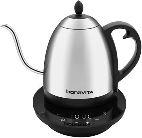 Bonavita Cosmopolitan - Tetera eléctrica de cristal con cuello de cisne de 1,0 L, temperatura precisa, acero inoxidable