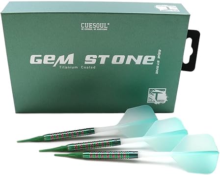 CUESOUL Green GEM Stone 19g Soft Tip 90٪ Tungsten Darts with Uniformity Titanium Coated and ROST Flights Gradient Color