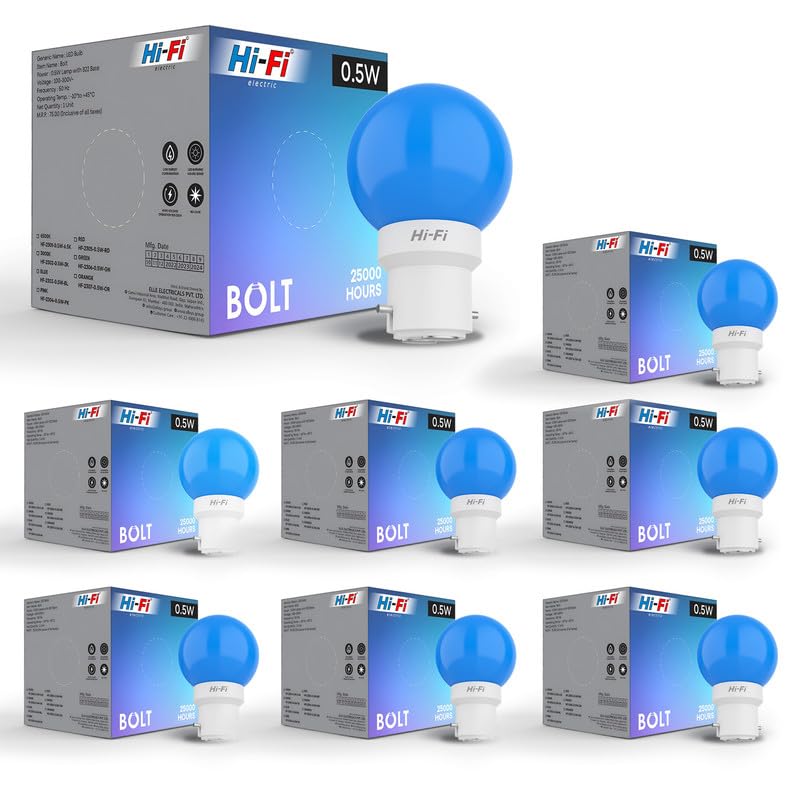 Image of Hi-Fi 0.5W LED Bulb (Blue) B22 Base | Energy Efficient Zero Watt Light | Decorative Night Lamp for Home, pooja room light & Bedroom Zero Blub (Pack of 8)
