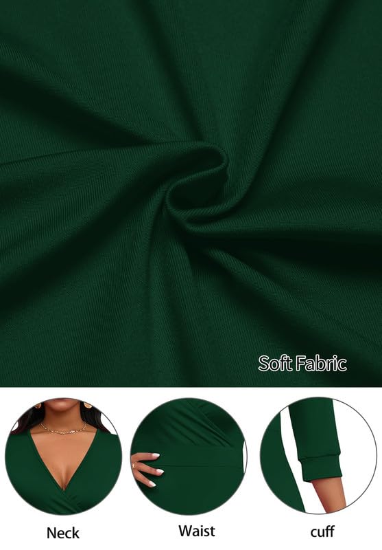 Image of MarryUP Womens Casual Dress Wrap V-Neck Elegant Wedding Guest Midi Dress 3 /4 Sleeve Solid High Waist Dark Green XL