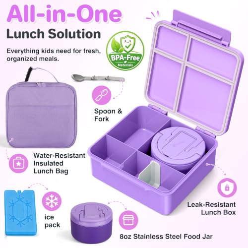 Image of Bento Lunch Box with 8oz Soup Thermo,Kids Leakproof 4 Compartment Lunch Food Containers with Sauce Cup and Ice Pack,Kids Thermo Insulated Hot Food Jar and Lunch Bag for School,Trvael-Purple