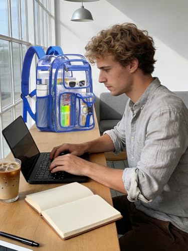 Image of Double-Layer Clear Backpack Heavy Duty, 17 Inch Large Clear Bookbag, Transparent See Through Backpack For School, Work, College, Travel, Sport- Blue