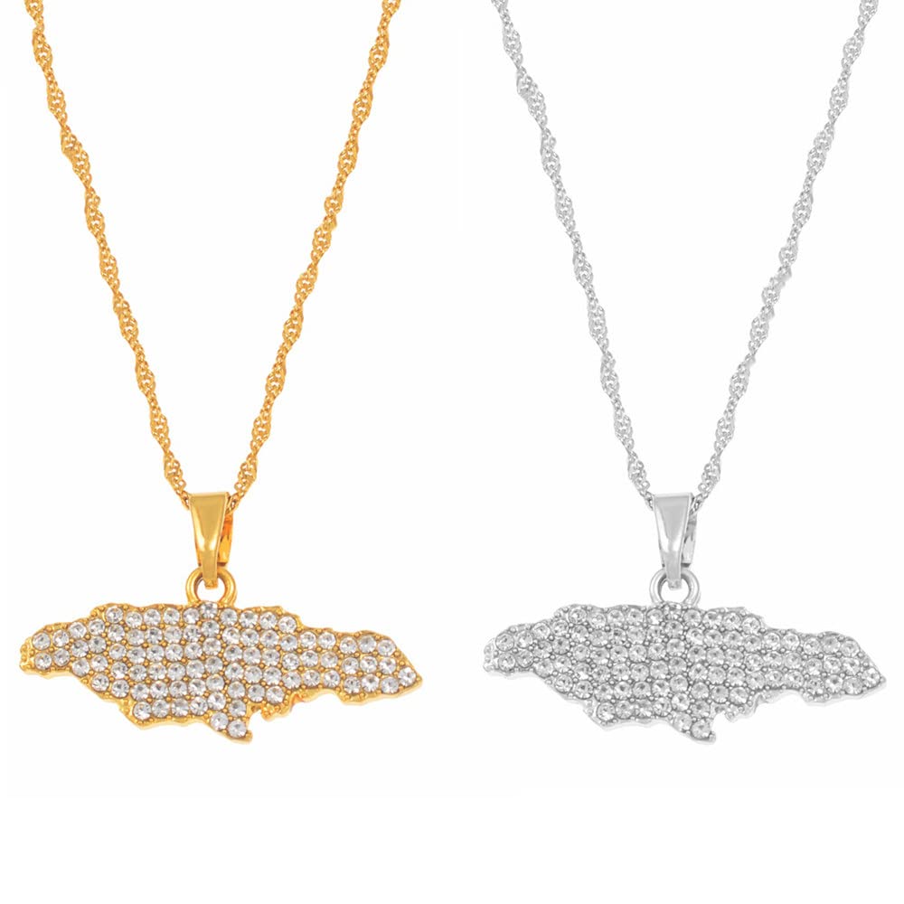 HUYUEXIN Jamaica Map Pendant Necklace - Country Outline Ethnic Style Hip-Hop Jewelry, Rhinestone Charm Thin Chain, For Women/Girl/Men Unisex