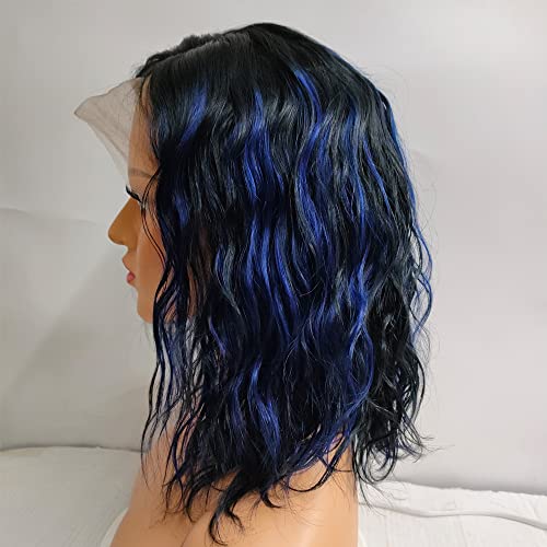 #1B/Blue Color 13x6 Deep Part Wave Bob Wig - HD Transparent Lace Front Human Hair - With Baby Hair