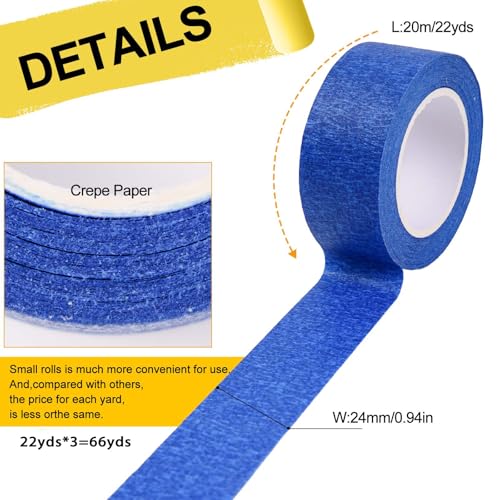 Image of 3 Rolls Painters Tape, Blue Tapes, Masking Tapes, Paint Tape for Multi-Purpose, Painting, Painter's, DIY Crafts Arts (66yd=0.94IN*22yd*3) Decoration Labeling No Residue, Easy Removal