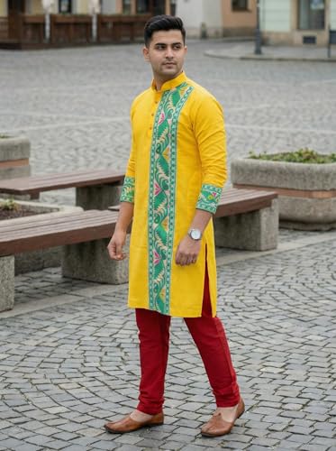 Image of Men's Jamdani Printed Kurta Pajama Set | Pure Cotton Ethnic Kurta with Mandarin Collar & Dupion Silk Pyjama | Festive & Weddings 303A12A 303SB12B(M XXL)