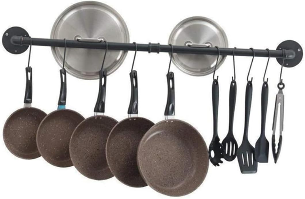 Kitchen Wall Mounted Pot Rack with Hooks, Iron Pipe 13x60cm Hanging Utensil Holder Organizer for Pan and Lid Storage, Space-saving Kitchen Storage Solution
