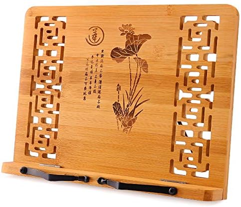 MEGREZ Bamboo Foldable Book Stand (13.2 x 9.4 inch) Reading Frame Rest Holder Cookbook Stand/Tablet PC textbook/Music Document Stand/Desk Bookrest with Retro Hollow, Language of Lotus
