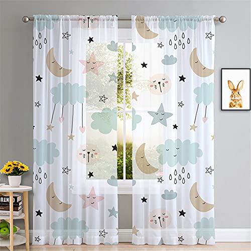 Hiseng Cortina Visillos Semitranslucida 2 Piezas Cortinas Salon Translúcidos de Dormitorio Moderno Cortina para Ventana Sala Cuarto Cocina Habitacion (Nubes y Estrellas,109x164cm)