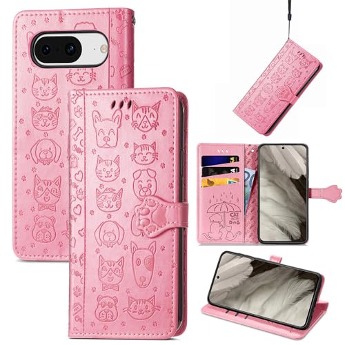 Étui portefeuille Google Pixel 4A 5G en cuir rose avec protection écran et motif mignon