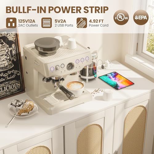 Rattan Buffet Cabinet with Storage,Sideboard Cabinet with 4 Doors and Adjustable Shelves, Console Coffee Bar with Charging Station, Boho Wood Cupboard for Kitchen, Livingroom and Dining Room,Entryway