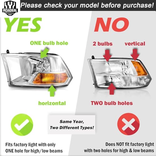 Headlights for 2009-2018 Dodge Ram 1500, for 2010-2018 Dodge Ram 2500 3500 with High/Low beam Bulbs, Driver & Passenger Side(ONLY fit Dual-Hole Single Headlight) - Image 3