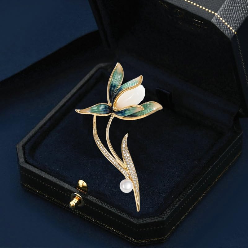 Image of 14K Gold Graceful Vintage Chinese Style Brooch Pin for Women, Freshwater Pearl Magnolia Flower Pink /White Pin, Ideal for Traditional Events, Women's Brooches & Pins