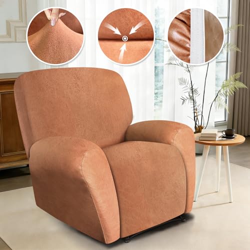 Image of ANARACHON Leather Look Recliner Chair Covers, 4 Pieces Recliner Covers Non Slip, Soft Cover for Reclining Chair, Washable Furniture Protector for Pets (1 Seater, 024 Brown)