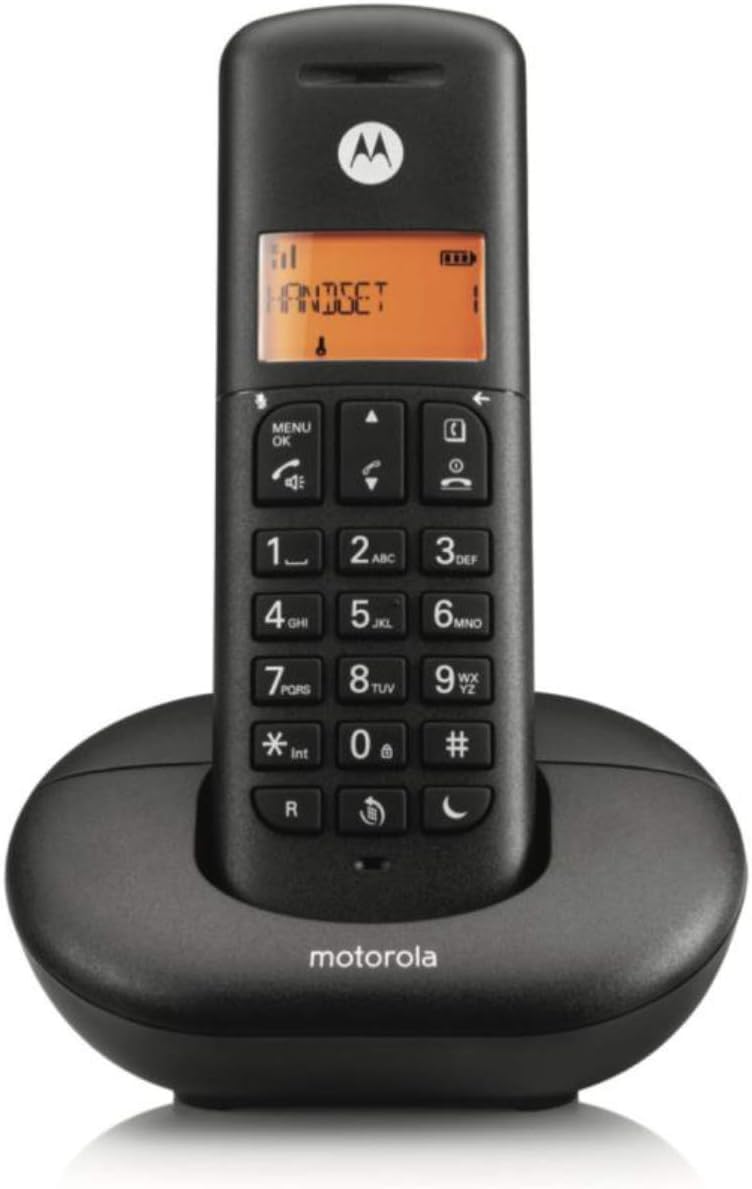 Motorola E201 Telefono Cordless Digitale, Display Retroilluminato, Vivavoce, Rubrica, Identificativo Chiamante, Base di Ricarica, Colore Nero