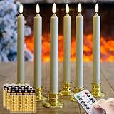 6 Pack Flameless Ivory real Wax Window Candles with 12 AA Batteries(Include, Run More Than 400 Hours) and Golden Candlebase, 10' Flickering Battery Operated LED Taper Windows Candles with Remote Timer