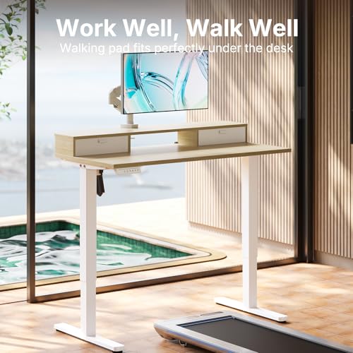 Image of HUANUO 40 inch X 24 inch Electric Standing Desk with 2 Drawers, C-Clamp Mount Compatible, Height Adjustable Computer Desk, Home Office Stand Up Desk with 4 Preset Heights & 2 Hooks, Light Walnut