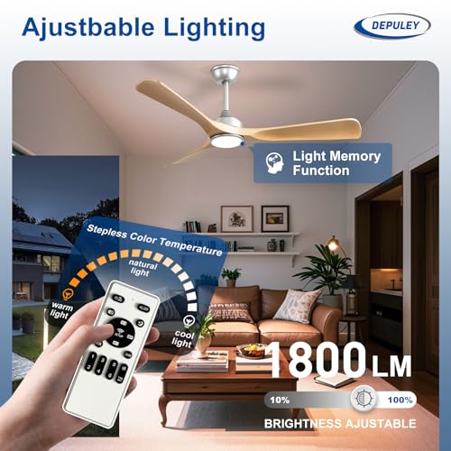 Image of Depuley 52-Inch Ceiling Fan with Light: Wood Grain 3 Blade Outdoor Fandelier Ceiling Fans with Lights for Patios - Dimmable Indoor Fan with Remote Control Reversible DC Motor for Porch Living Room