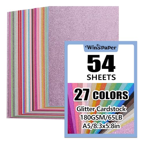 wingpaper 54 Sheets Glitter Cardstock A5 27 Assorted Colors - No-Shed Single-Sided Glitter Paper 230gsm Card Stock for Crafts Card Making and Scrapbooking