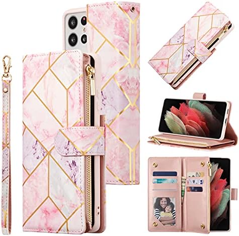 UEEBAI Wallet Case for Samsung Galaxy S21 5G, Premium PU Leather Magnetic Closure Geometric Marble Pattern Handbag Zipper Pocket Case Kickstand Card Slots Shockproof Flip Cover - Pink & Purple