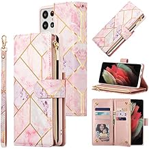 UEEBAI Samsung Galaxy 21 Ultra Premium Vintage PU Leather Handbag Zipper Pocket Case Kickstand Card Slots with Wrist Strap