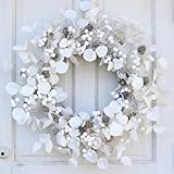 TOKCARE Winter Wreaths for Front Door, 22 Inch White Christmas Wreath with Pinecones and Berries Eucalyptus Wreath for Fireplace Xmas Decorations,Front Porch Decor and Wall Window Decor