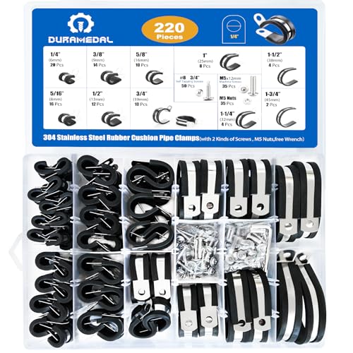 Duramedal 220 PCS 10 Sizes P Clamp Assortment Kit Cable Clamps 304 Stainless Steel Rubber Cushion Pipe Insulated Wire Clamps 1/4