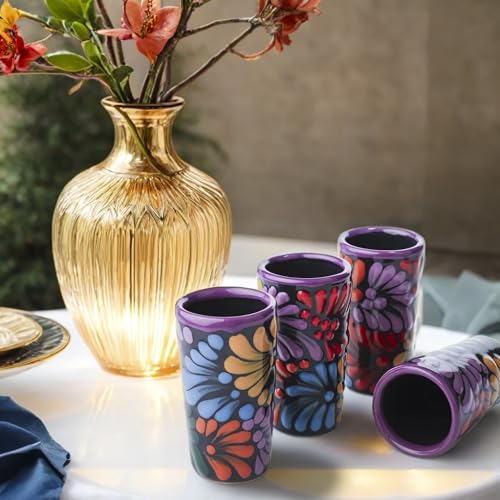 Image of Talavera Shot Glasses Set of 4 Authentic Mexican Tequila Shot Glasses - Hand-painted - 2 Oz (Black Floral)