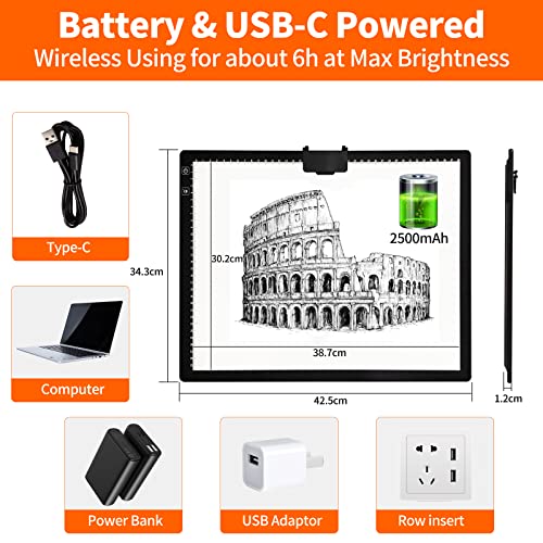 Kobaiban Wireless A3 Led Light Pad With Foldable Stand, Top Clip, 3 Colors/Stepless/ 6-Level Dimmable Brightness Rechargeable Tracing Light Box/Board For Cricut Vinyl, Weeding Tool, Diamond Painting #TOP1