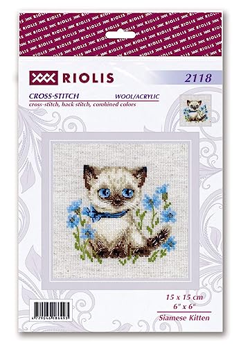 Image of RIOLIS - Siamese Kitten 2118, Cross Stitch Kits 6 inch x 6 inch, Cross Stitch Kits for Beginners & Advanced, Crossstitching Kit Adult, Embroidery Counted Stitching Kit