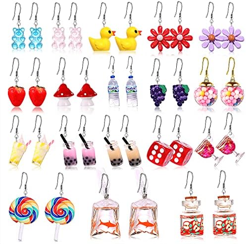 Funny Drop Dangle Earrings Fruit Bottle Earrings Set Unique Personalized Bohemian Fashion Drop Earrings Jewelry Gift for Women Teen Girls (18 Pairs- fun earrings)