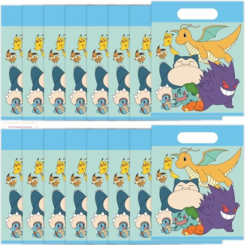 Unique Pokemon Goodie Bags | 16 Count | Plastic Party Favor Bags - Pokemon Birthday Party Decorations and Supplies includes Checklist | Officially Licensed