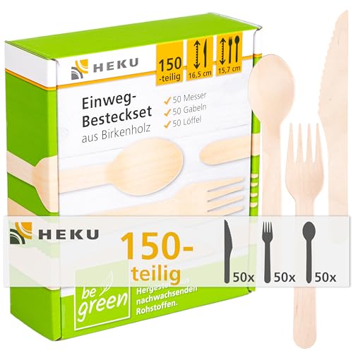 HEKU be green Lot de 150 couverts jetables en bois de bouleau – 50 couteaux (16,5 cm), 50 fourchettes, 50 cuillères (15,7 cm) I Compostables I Fabriqué à...