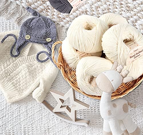 Cotton Yarn Beige 6 Pack, 100% Cotton for Baby Super Soft Children's Milk Cotton - Each Ball 1.76 Oz (50g) with 2 Metal (2.5-3.5mm) Crochet Hooks Baby Fluffy Ball for DIY Knitting